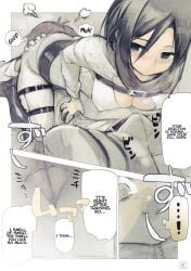 1boy 1girls ass ass_focus attack_on_titan big_ass big_breasts black_hair blush boner dialogue doujinshi eremika eren_jaeger heterosexual inviting mikasa_ackerman namaniku_atk page_6 panda-niku shingeki_no_kyojin showing_off skirt