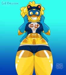 blue_background blush cartoon_network dildo dildo_in_pussy dildo_insertion dildo_penetration evil_raccoon female_only g-lo_(villainous) jelly semi-transparent short_hair slime_girl slime_monster smile superheroine teeth teeth_showing tight_clothing transparent_body villainous yellow_body yellow_eyes yellow_hair yellow_skin