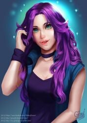 1girls abigail_(stardew_valley) breasts choker clothed clothed_female female female_only gallerygracie green_eyes hand_in_hair light-skinned_female long_hair looking_at_viewer purple_hair solo solo_female stardew_valley