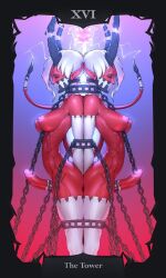 2futas areolae big_breasts big_penis breasts chained chains demon demon_futa erection fit fit_futanari futa_only futanari gag horned_humanoid humanoid nipples penis red-skinned_futanari red_skin restrained symmetry tailbox tarot tarot_card tarot_deck the_tower_(tarot) thin_waist white_hair