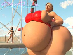 3d belly big_belly bikini female giantess huge_ass huge_belly huge_breasts hyper hyper_ass hyper_belly hyper_pregnancy inflation iq_(rainbow_six) large_breasts looking_at_another mini_giantess polakpeasant rainbow_six_siege swimsuit thick_thighs water_slide