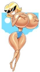 1girls angstrom big_breasts bikini_bottom bimbo blonde blonde_hair breast_support breasts breasts_bigger_than_head busty covering_nipples disney doll doll_joints female female_only gigantic_breasts holding_breasts huge_breasts hyper hyper_breasts knick_knack large_breasts light-skinned_female light_skin looking_at_viewer pixar self_groping short_hair smile solo sunglasses sunny_miami topless