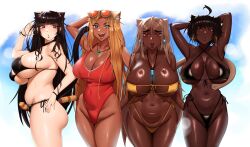 2022 4girls ahoge_catgirl_(kevbot) black-haired_catgirl_(kevbot) blonde blonde_hair blue_eyes breasts brown-haired_catgirl_(kevbot) brown_eyes brown_hair brown_skin cat_ears cat_tail catgirl dark-skinned_female dark_skin female female_only gyaru_catgirl_(kevbot) hips huge_breasts kevbot light-skinned_female light_skin long_hair looking_at_viewer multiple_girls original original_character red_eyes slim_waist swimsuit tail take_your_pick tan tan-skinned_female tanned_skin thick_thighs thighs wet wet_body wide_hips