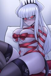 anikiki_kun big_breasts black_legwear helltaker horn huge_breasts living_gift long_hair looking_at_viewer lucifer_(helltaker) pillow ribbon_bondage simple_background sitting thick_thighs thighhighs tied_up white_hair