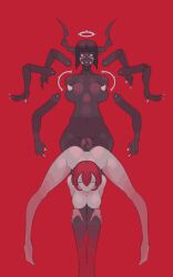 1futa 1girls 6_arms areolae black_hair breasts dark-skinned_futanari demon demon_girl female from_behind futa_on_female futanari light-skinned_female nipples penis red_hair tailbox