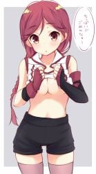 :o black_gloves black_shorts blush braid breasts commentary_request cowboy_shot eyebrows female fingerless_gloves gloves hai_to_gensou_no_grimgar long_hair looking_at_viewer medium_breasts mimura_zaja red_eyes red_hair shorts single_braid solo standing thigh_gap thighhighs translated underboob yume_(grimgar)