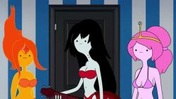 accurate_art_style adventure_time bra cartoon_hook-ups cartoon_network casual electric_guitar female flame_princess guitar lowres marceline musical_instrument pale_skin panties pink_hair princess_bubblegum tagme tiara winky_dink_media