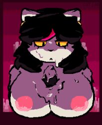 anthro black_hair bodily_fluids breast_play breasts catjam_(artist) catti_(deltarune) cum cum_on_breasts cum_on_face cum_on_penis deltarune ear_piercing ear_ring felid feline female fur genital_fluids genitals hair looking_at_genitalia looking_at_penis male male/female mammal nipples paizuri penis piercing ring_piercing sex solo titjob undertale_(series) video_games white_body white_fur yellow_eyes yellow_sclera