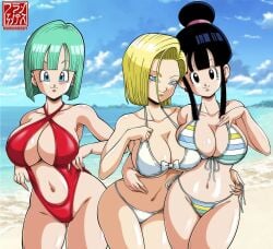 3girls adult_female android android_18 beach bikini black_eyes black_hair blonde_female blonde_hair blue_eyes blue_hair breast_press bulma_briefs bulma_briefs_(androids'_saga) chichi cleavage dragon_ball dragon_ball_z female female_only franfuentesart2 human inner_sideboob milf multiple_girls one-piece_swimsuit red_bikini red_swimsuit sea seaside shounen_jump sideboob swimsuit underboob white_bikini yellow_hair