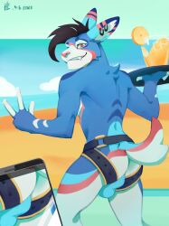 1boy anthro beverage bulge canid canine clothing fangs hi_res holding_object jockstrap lemonade male male_only mammal multicolored_body munax_od muscular muscular_male one_eye_closed phone solo underwear wink