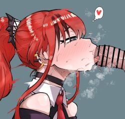 :>= absurdres azarashi_(kkuh3353) bar_censor bare_shoulders black_eyes blush censored choker ear_piercing fellatio female grey_background heart highres lain_paterson long_hair nijisanji oral penis piercing ponytail red_hair simple_background solo sweat tongue tongue_out virtual_youtuber