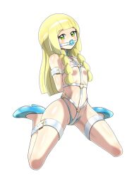 1girls arms_tied_behind_back ball_gag blonde_hair blue_ball_gag blue_high_heels blue_panties bondage collar featureless_breasts female flat_chest gag gagged green_eyes high_heels legs_tied light-skinned_female light_blue_panties light_skin lillie_(pokemon) long_hair nintendo no_nipples o-ring o-ring_harness panties pokemon pokemon_sm shoukin500 slave solo submissive submissive_female