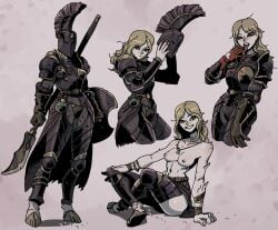 1girls armor artix0_(artist) bare_arms bare_shoulders blonde_hair blood breasts brown_eyes chaos_(warhammer) clothed edit glaive helmet holding_polearm holding_shield holding_weapon hooves hou_jae04 hou_jae_(artist) knight pinup polearm shield slaanesh smile tongue tongue_out topless topless_female warhammer_(franchise) warhammer_fantasy warrior weapon