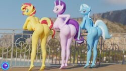 3d 3girls absurd_res anthro ass bent_over big_ass big_breasts big_butt breasts digital_media_(artwork) equestria_girls equid equine female female_only friendship_is_magic furry group hasbro hi_res horn leaning leaning_forward mammal my_little_pony pootanger_sfm public public_nudity railing raised_tail rear_view side_boob source_filmmaker starlight_glimmer sunset_shimmer trio trixie_(mlp) unicorn