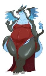 2022 absurd_res anthro baguette_(artist) balls_outline biped black_body blue_body bulge clothed clothing crossdressing eyelashes eyeliner flaccid front_view genital_outline genitals girly hi_res lipstick looking_at_viewer makeup male male_only mega_charizard mega_charizard_x mega_evolution moobs multicolored_body nintendo nipples open_mouth overweight panties partially_clothed penis penis_outline pokémon_(species) pokemon red_eyes simple_background slit_dress solo standing thick_thighs translucent translucent_clothing two_tone_body underwear video_games white_background wide_hips wings