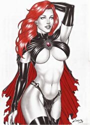 1girls 2016 big_breasts cape carlos_braga dominant_female ed_benes_studio female female_only goblin_queen_(x-men) hands_on_hair human human_only latex_bra latex_gloves latex_thong light-skinned_female light_skin long_hair madelyne_pryor marvel marvel_comics red_hair red_lipstick solo_female solo_focus tagme x-men