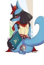 anthro anus ass blue_body blue_fur blush fur hi_res looking_at_viewer looking_back lucario male nintendo nohtuy18 pokemon pokemon_(species) pokemon_cafe_mix red_eyes sex_toy solo video_games