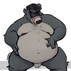 2022 anthro baloo belly big_belly bodily_fluids clothing front_view fur genital_fluids grey_body grey_fur hand_on_stomach haps hat hat_over_eyes headgear headwear hi_res jockstrap licking licking_lips male mammal moobs mostly_nude navel nipples open_mouth overweight overweight_male precum precum_through_clothing precum_through_underwear presenting_belly signature solo standing thick_thighs tongue tongue_out underwear ursid wet wet_clothing