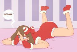 ankle_socks anklehighs blue_eyes bow bow_in_hair brown_hair crib diaper diaper_under_clothing may_(pokemon) mittens nintendo pacifier pacifier_gag pieceofsoap pokemon red_bow red_onesie red_socks short_hair socks