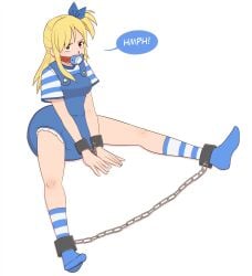 ankle_cuffs black_eyes blonde_hair blue_bow blue_socks blue_stripes bow_in_hair breasts diaper diaper_under_clothing fairy_tail female knee_socks kneehighs kneesocks long_hair lucy_heartfilia medium_breasts overalls pacifier pacifier_gag pieceofsoap side_ponytail socks striped_shirt striped_socks white_socks white_stripes wrist_cuffs