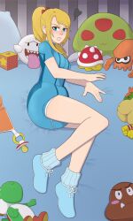 block blonde_hair blue_eyes blue_onesie blue_socks boo_(mario) bow_in_hair bowser_jr. breasts crib diaper diaper_under_clothing female female_only goomba inkling mario_(series) medium_breasts metroid metroid_(creature) nintendo onesie pacifier pieceofsoap pillow pink_nails plushie ponytail samus_aran socks spiny yoshi zero_suit