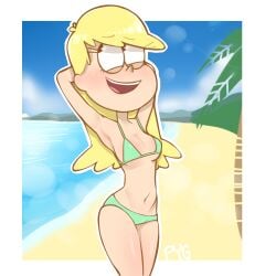 1girls armpits arms_behind_head arms_up beach bikini blonde_hair breasts female female_only julex93 leni_loud looking_to_the_side looking_up open_mouth pyg smile solo solo_female swimsuit swimwear the_loud_house thick_thighs thighs