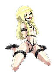 1girls arms_tied_behind_back ball_gag black_high_heels black_panties blonde_hair bondage collar featureless_breasts female flat_chest gag gagged green_eyes high_heels legs_tied light-skinned_female light_skin lillie_(pokemon) long_hair nintendo no_nipples o-ring o-ring_harness panties pokemon pokemon_sm red_ball_gag shoukin500 slave solo submissive submissive_female