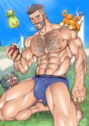 briefs briefs_only bulge hairy_chest lechonk male male_only muscles muscular muscular_male outdoors outside pawmi pokeball pokemon pokemon_sv professor_turo smoliv suyohara underwear