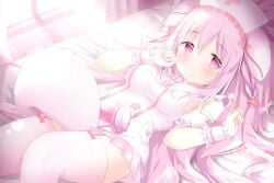 1girls bed_sheet binaural_microphone blush dog_ears dog_girl dog_humanoid dog_tail eyebrows_visible_through_hair female flower_hair_ornament fluffy_tail frilled_pillow garter_straps hair_between_eyes hanamin highres holding_object indie_virtual_youtuber indoors laying_on_bed light_pink_hair long_hair looking_at_viewer mimikaki miniskirt nurse_cap nurse_uniform pillow pink_eyes renew_vivi sideboob sleeveless smile solo stockings tagme thighhighs virtual_youtuber window window_light wrist_cuffs