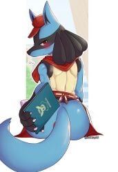 anthro anus ass blue_body blue_fur blush fur hi_res looking_at_viewer looking_back lucario male nintendo nohtuy18 pokemon pokemon_(species) pokemon_cafe_mix red_eyes solo video_games