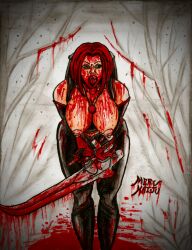 1girls arm_under_breasts bending_over big_breasts blood blood_drip blood_in_mouth blood_on_breasts blood_on_face blood_on_hand blood_on_weapon bloodrayne breasts breasts_out busty covered_in_blood curvy curvy_female dhampir dripping_blood fanart fangs female fingerless_gloves flipping_off flipping_viewer_off forest gloves green_eyes hair_ribbon hair_ribbons hips holding_weapon jewelry large_breasts legs merc_kaiju messy middle_finger necklace nipples open_mouth outdoors outside painted_fingernails pool_of_blood rayne red_hair red_nails rude self_upload sharp_fangs sharp_fingernails shoulders showing_teeth snow solo solo_female tight_clothes tight_clothing tongue traditional_art traditional_drawing_(artwork) traditional_media_(artwork) trees variant weapon