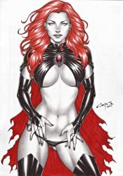 1girls 2016 big_breasts cape carlos_braga clone dominant_female ed_benes_studio female female_only femme_fatale goblin_queen_(x-men) human human_only latex_bra latex_thong light-skinned_female light_skin long_hair looking_at_viewer madelyne_pryor marvel marvel_comics pulling_panties red_hair red_lip solo_female solo_focus tagme x-men