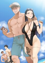 1boy 1girls abbb blush breasts female human large_breasts light-skinned_male light_skin male muscular muscular_male navel_piercing pale-skinned_female pale_skin swimsuit tattoo thick_thighs voluptuous wide_hips