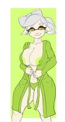 big_breasts female female_only green_nipples inkling large_breasts light-skinned_female looking_at_viewer marie_(splatoon) morningwoodboy partially_clothed solo splatoon undressing