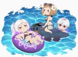 1boy 2girls alternate_costume ass bikini blue_bikini blue_swimsuit breasts brown_hair chibi dual_persona evomanaphy eyewear_on_head female fire_emblem fire_emblem_awakening fire_emblem_heroes flower food grima_(fire_emblem) hair_flower hair_ornament highres innertube kiran_(fire_emblem)_(female) looking_at_viewer male medium_breasts mob_face multiple_girls multiple_persona nintendo official_alternate_costume popsicle purple_bikini purple_swimsuit red_eyes robin_(female)_(summer)_(fire_emblem) robin_(fire_emblem) robin_(fire_emblem)_(female) robin_(fire_emblem)_(male) see-through swimsuit twintails underboob water white_hair