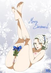 1girls christmas completely_nude legs_up looking_at_viewer margaret_(persona) medium_breasts mistletoe mistletoe_above_vagina naked nude persona persona_4 presenting_pussy r3dfive smile smiling solo tagme white_hair yellow_eyes