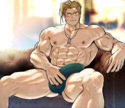 balls bara big_balls big_penis boner capcom charlie_nash erection erection_under_clothes gay glasses hydaria male male_only muscles muscular penis solo solo_male spread_legs street_fighter