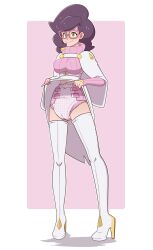 1girls aether_foundation aether_foundation_uniform black_hair breasts diaper diaper_under_clothing dress dress_lift glasses green_eyes high_heel_boots large_breasts milf nintendo pieceofsoap pokemon pokemon_sm solo solo_female wicke_(pokemon)