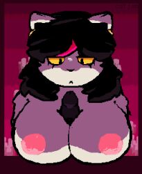 anthro black_hair breast_play breasts catjam_(artist) catti_(deltarune) deltarune ear_piercing ear_ring felid feline female fur genitals hair looking_at_genitalia looking_at_penis male male/female mammal nipples paizuri penis piercing ring_piercing sex solo titjob undertale_(series) video_games white_body white_fur yellow_eyes yellow_sclera