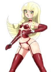 1girls bdsm blonde_hair bra collar corset dominatrix female garter_belt garter_straps gloves green_eyes light-skinned_female light_skin lillie_(pokemon) long_gloves long_hair nintendo panties pokemon pokemon_sm red_bra red_corset red_garter_belt red_garter_straps red_gloves red_panties riding_crop shoukin500 solo