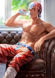 1boy drinking drinking_water guido_mista higurehiiro jojo's_bizarre_adventure male male_nipples male_only muscular_male pecs shirtless solo vento_aureo water_bottle