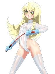 1girls bdsm bdsm_gear blonde_hair blue_gloves dominatrix female gloves green_eyes highleg highleg_leotard latex latex_leotard leotard light-skinned_female light_skin lillie_(pokemon) long_hair nintendo pokemon pokemon_sm riding_crop shoukin500 solo white_leotard