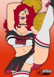 1girls big_ass big_breasts big_butt big_hips big_thighs cheerleader crimson_sterlyn estella_comics female female_focus female_only freckles gigantic_ass gigantic_breasts gigantic_butt green_eyes hourglass_figure huge_ass huge_breasts huge_butt huge_hips huge_thighs large_ass large_breasts large_butt legs_up looking_at_viewer mannyestella mrestella red_hair smile wide_hips