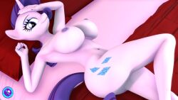 absurd_res anthro bed_sheet bedding bedroom bent_legs big_breasts breasts cutie_mark equid equine female friendship_is_magic hand_on_forehead hi_res horn mammal my_little_pony navel nude pillow pootanger_sfm rarity_(mlp) solo straight_hair unicorn