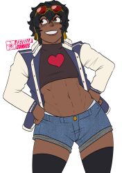 1boy 1male black_hair dark-skinned_femboy dark-skinned_male dark_skin earrings eyewear_on_head femboy grin male_only mrestella revealing_clothes robbie_(mrestella) smile sunglasses sunglasses_on_head trap