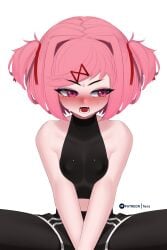 1girls arms_crossed_under_breasts bare_belly bare_shoulders black_legwear black_topwear blush breast_squeeze breasts clothing doki_doki_literature_club fangs female female_only fiera_(artist) fully_clothed looking_away natsuki_(doki_doki_literature_club) patreon_username pink_eyes pink_hair schoolgirl shy solo twintails upset