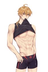 abs big_breasts blonde_hair breasts eight_pack fit fit_male genshin_impact male_only muscles muscular muscular_male nipples rourouki shirt shirt_bite shirt_in_mouth shirt_lift shirt_up thoma_(genshin_impact) toned toned_body toned_male wet wet_skin