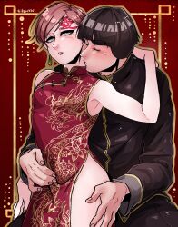 2boys androgynous asian asian_clothing asian_male bare_arms black_hair blue_eyes blush bowl_cut chinese_clothes chinese_dress closed_eyes crossdressing facial_markings femboy feminine_male gaara gay highres hikanon kissing kissing kissing_neck lips lipstick long_dress makeup narrowed_eyes naruto naruto:_the_last naruto_(series) naruto_shippuden pink_lips pink_lipstick red_hair rock_lee short_hair shounen_jump sissy sleeveless sleeveless_dress thick_thighs thighs trap voluptuous yaoi