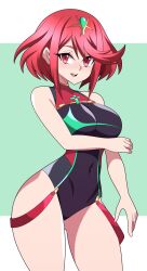 1girls 2022 abysswatchers alternate_costume bangs breasts female female_only hips huge_breasts nintendo one-piece_swimsuit pyra red_eyes red_hair short_hair simple_background slim_waist smile swept_bangs swimsuit thick_thighs thighs wide_hips xenoblade_(series) xenoblade_chronicles_2