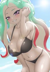 1girls bikini bikini_bottom bikini_top blush huge_breasts long_hair looking_at_viewer nintendo nobunagapero octoling octoling_girl pale_skin peronattu pink_eyes pushing_hair_back splatoon tentacle_hair